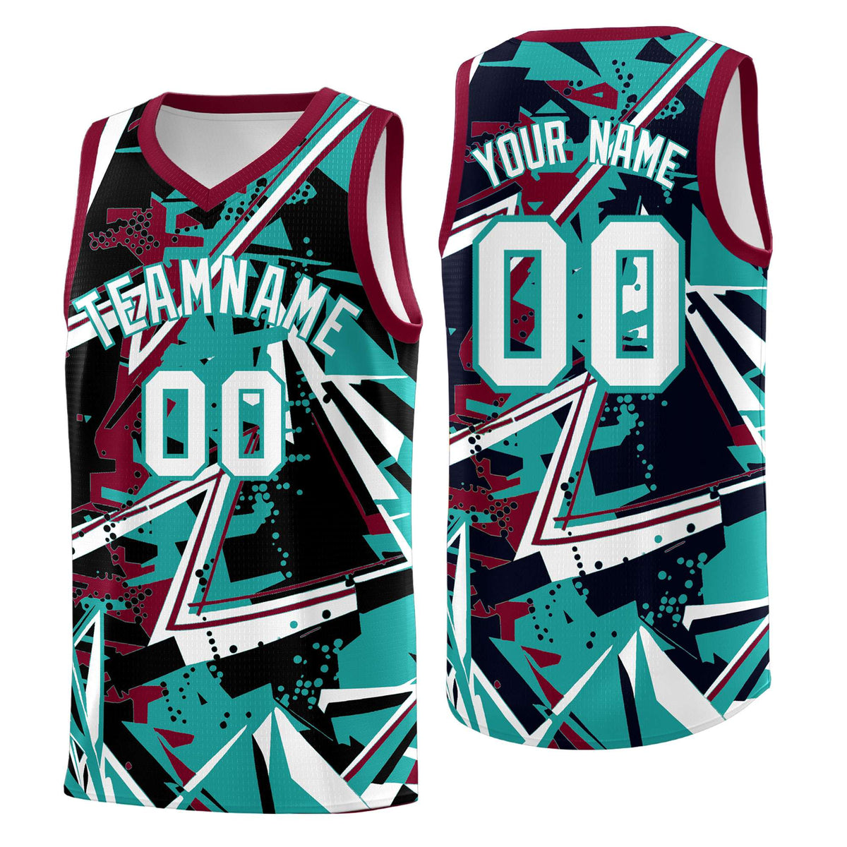 Custom Youth Basketball Jerseys Teal Crimson Abstract Graffiti Personalized Team Name &amp; Number