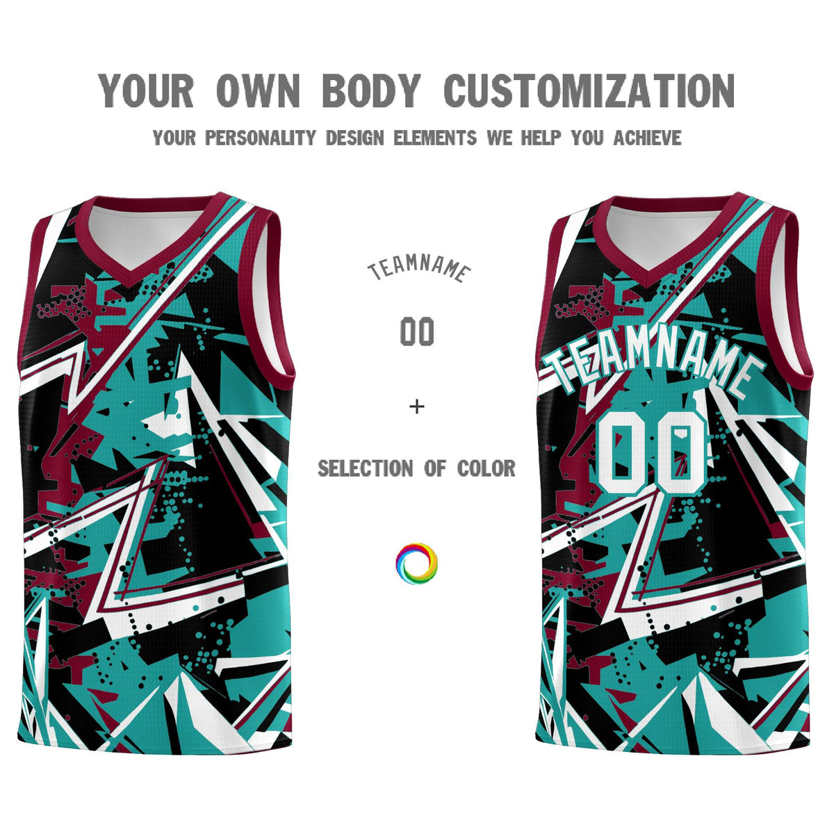 Custom Youth Basketball Jerseys Teal Crimson Abstract Graffiti Personalized Team Name &amp; Number