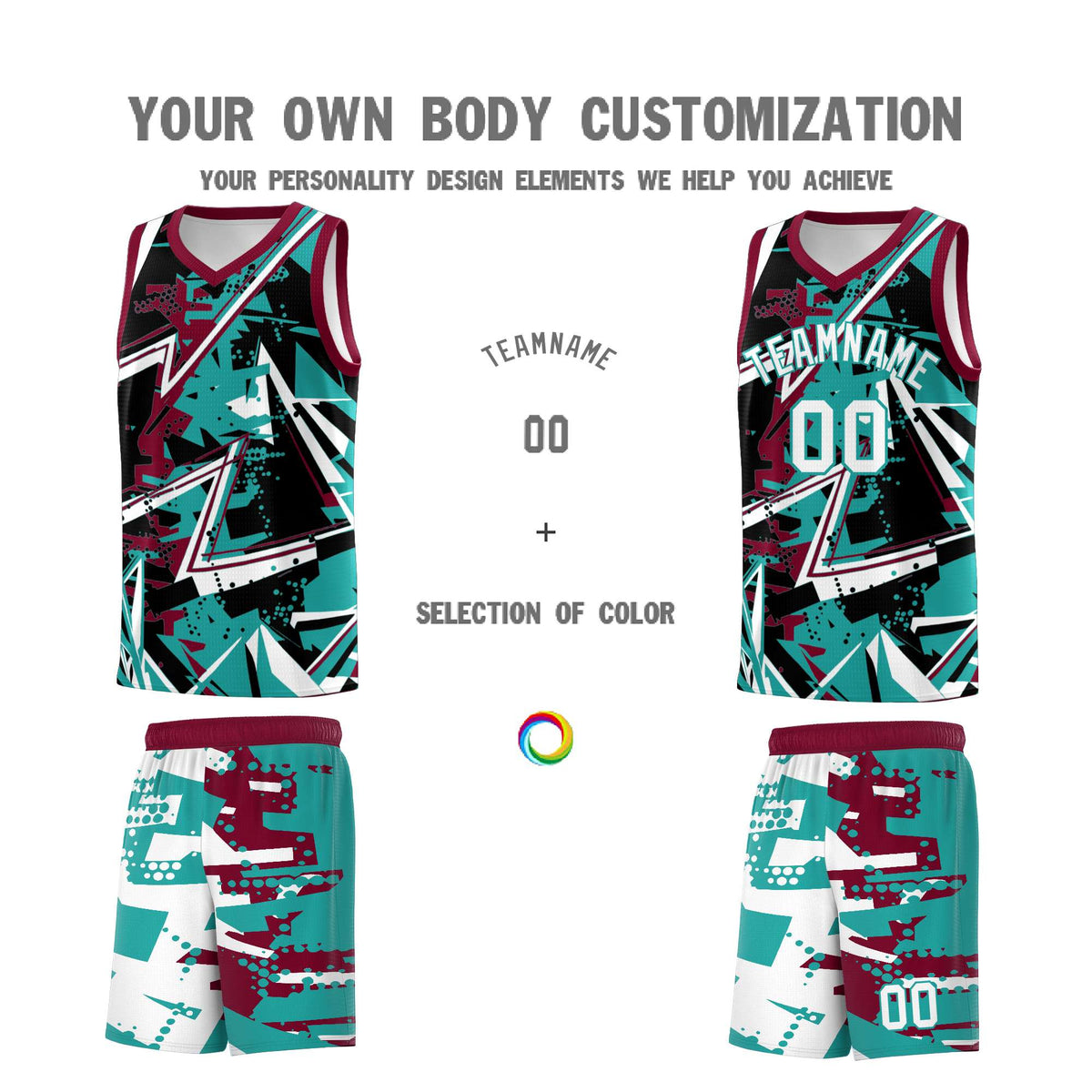 Custom Youth Basketball Jerseys Teal Crimson Abstract Graffiti Personalized Team Name &amp; Number