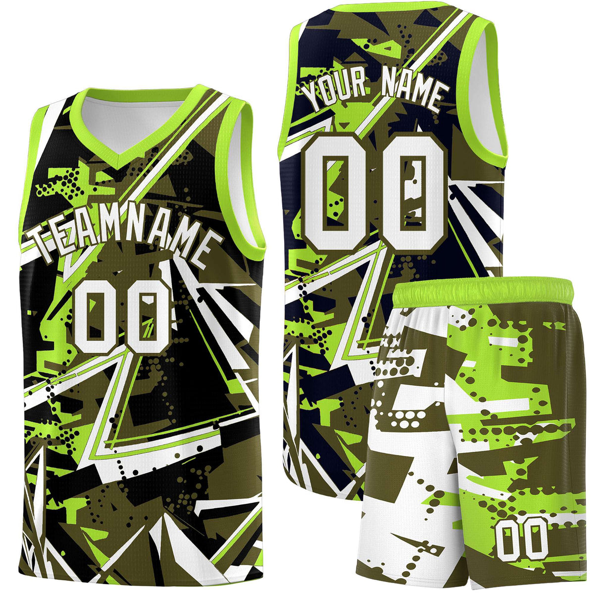Custom Youth Basketball Jerseys Olive Neon Green Abstract Graffiti Personalized Street Style Uniform