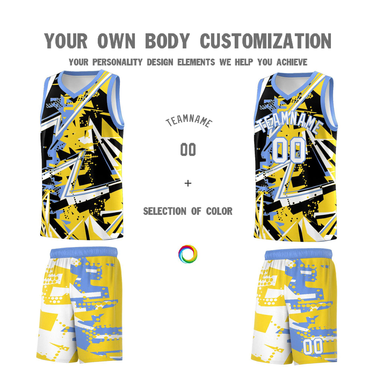 Custom Youth Basketball Jerseys Gold Light Blue Abstract Graffiti Urban Style Personalized Uniform