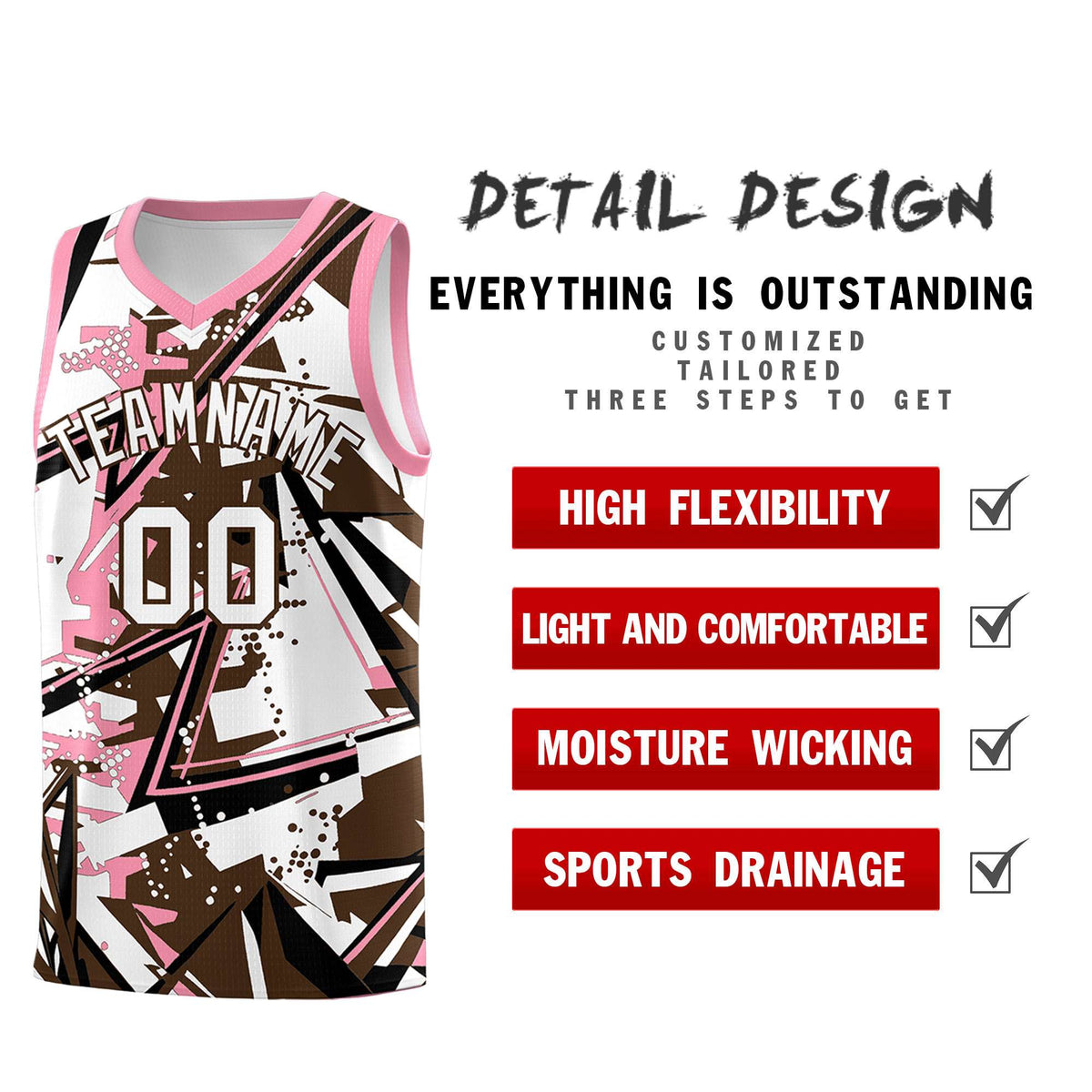 Custom Youth Basketball Jerseys Brown Light Pink Abstract Graffiti Urban Style Personalized Uniform