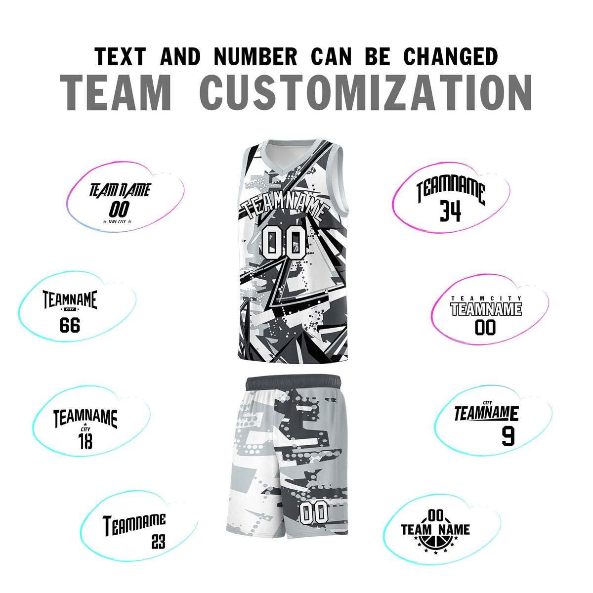 Custom Youth Basketball Jerseys Gray Silver Abstract Graffiti Personalized Team Name &amp; Number