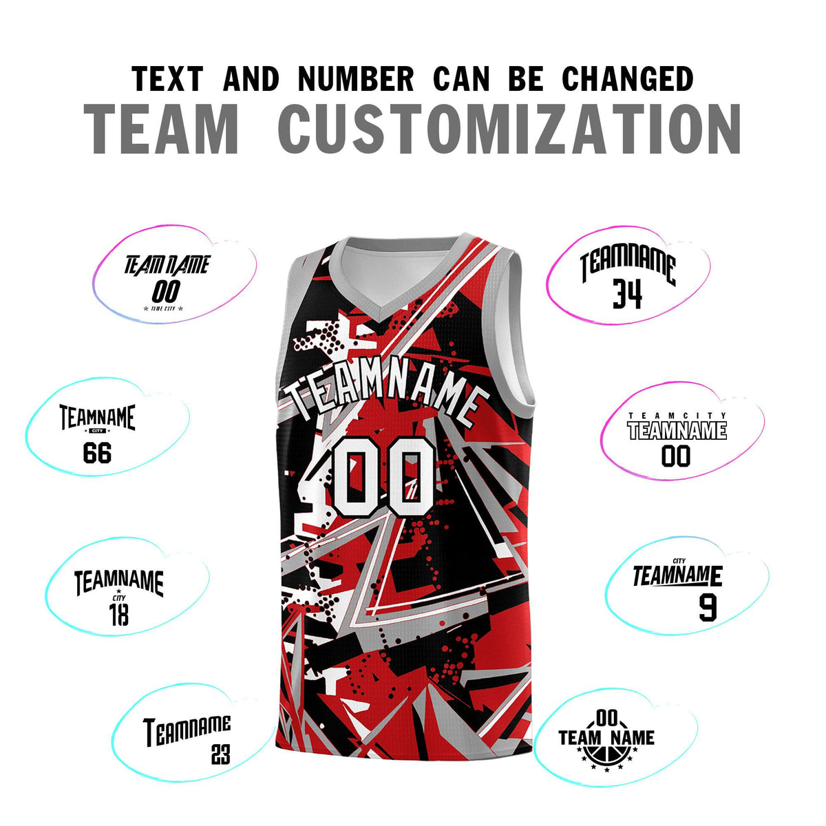 Custom Youth Basketball Jerseys Red Gray Abstract Graffiti Personalized Team Name &amp; Number