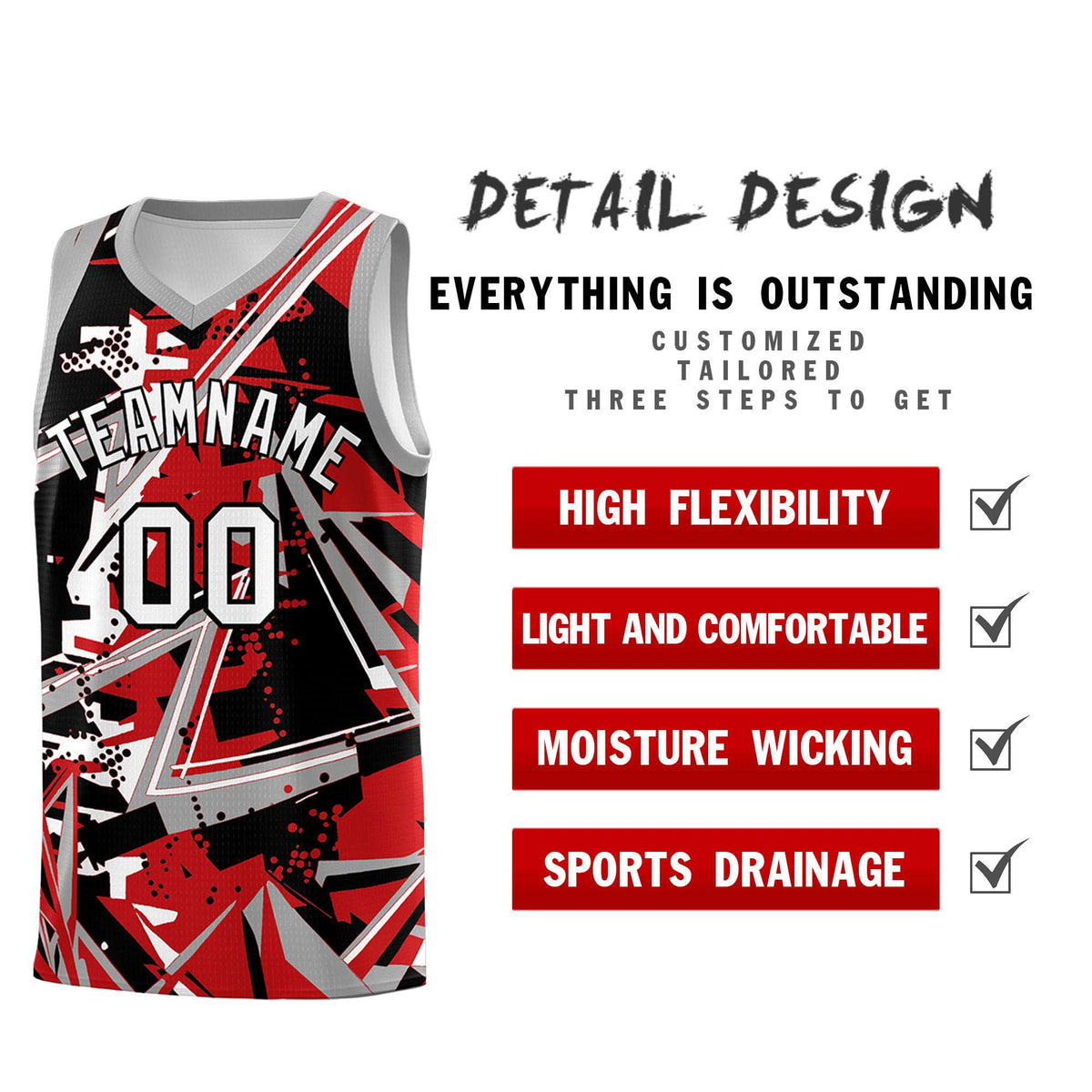 Custom Youth Basketball Jerseys Red Gray Abstract Graffiti Personalized Team Name &amp; Number