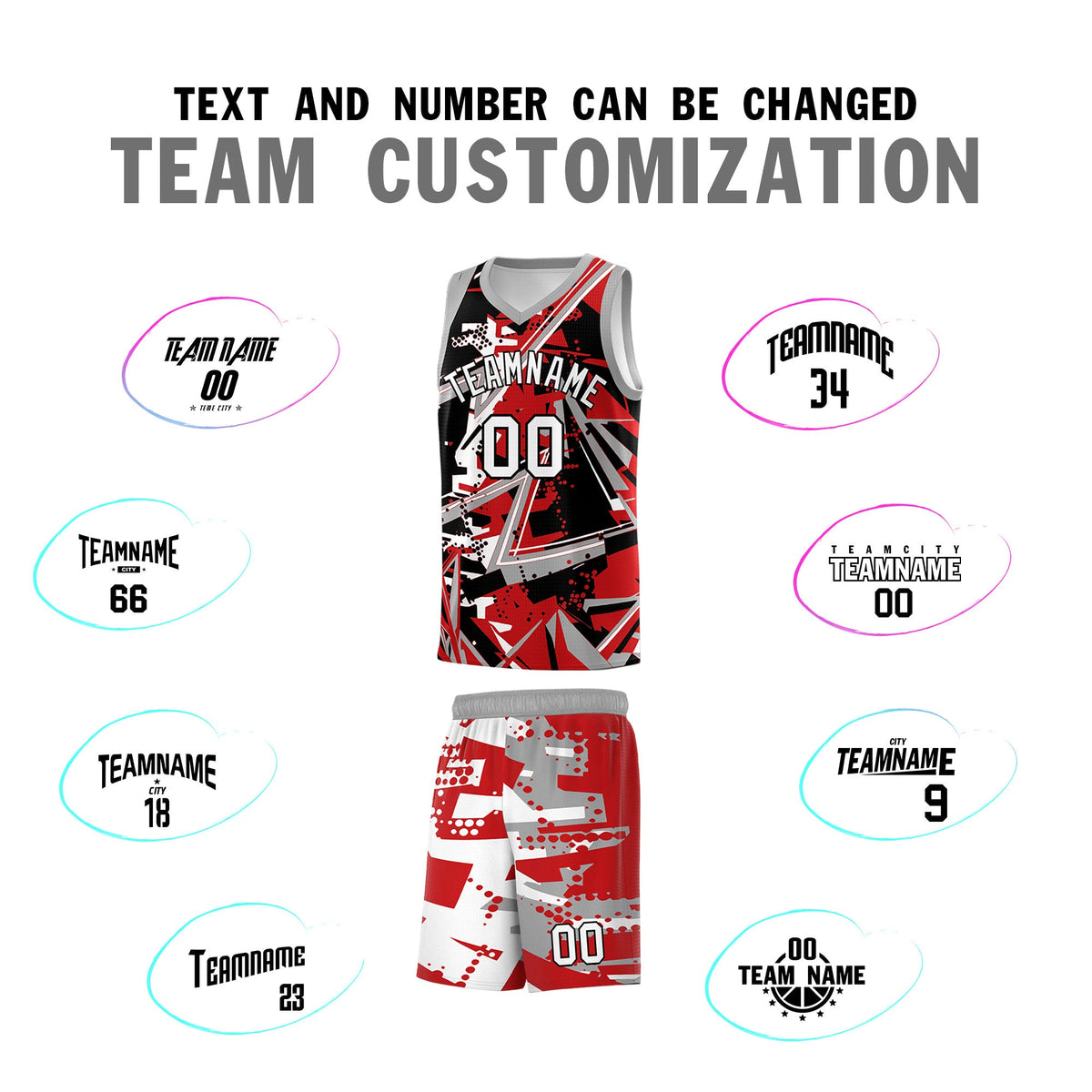 Custom Youth Basketball Jerseys Red Gray Abstract Graffiti Personalized Team Name &amp; Number