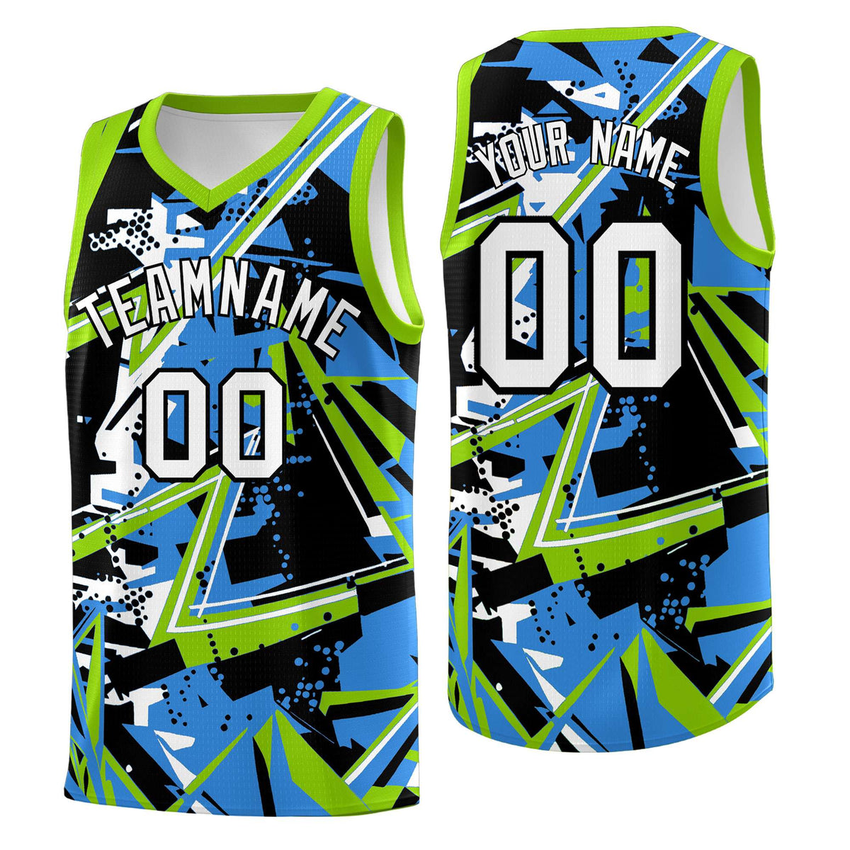 Custom Youth Basketball Jerseys Light Blue Neon Green Abstract Graffiti Personalized Street Style Uniform