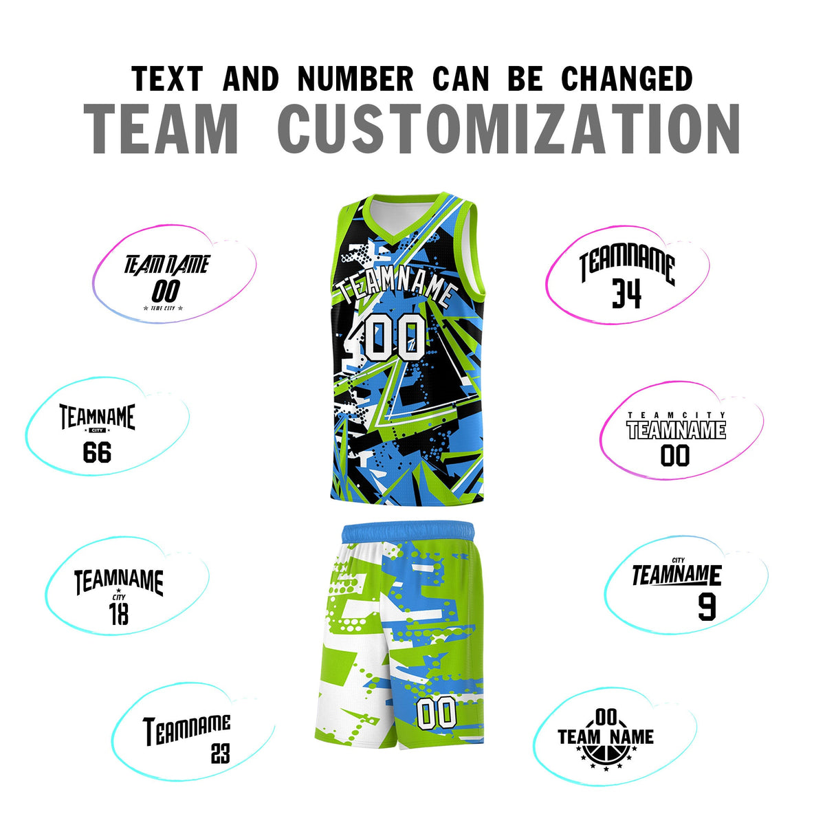 Custom Youth Basketball Jerseys Light Blue Neon Green Abstract Graffiti Personalized Street Style Uniform