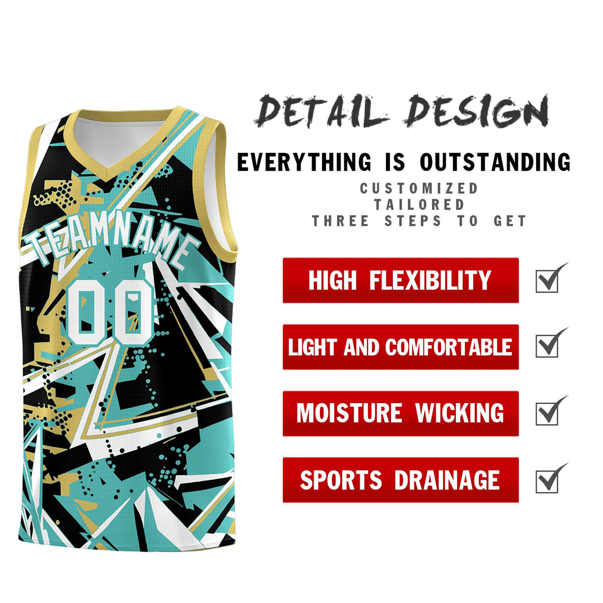Custom Youth Basketball Jerseys Teal Old Gold Abstract Graffiti Personalized Street Style Uniform