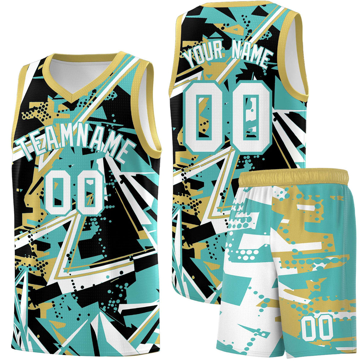 Custom Youth Basketball Jerseys Teal Old Gold Abstract Graffiti Personalized Street Style Uniform