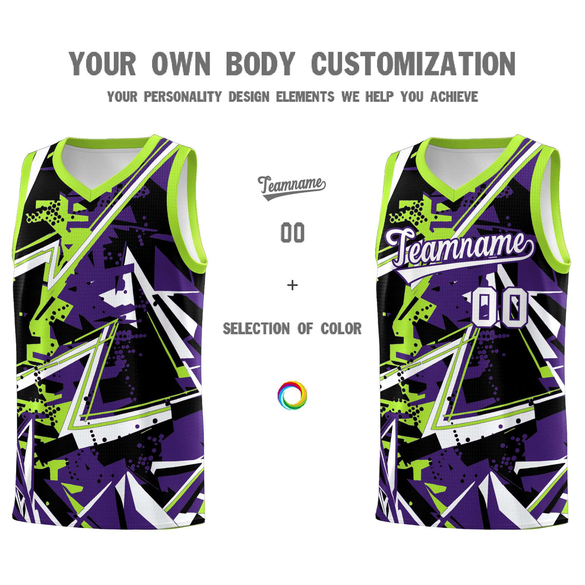Custom Youth Basketball Jerseys Purple Neon Green Abstract Graffiti Personalized Team Name &amp; Number