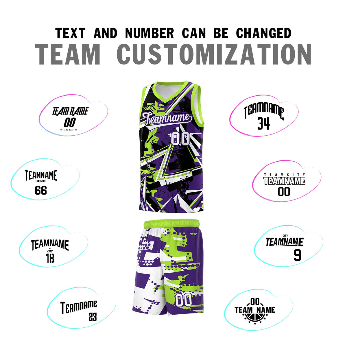 Custom Youth Basketball Jerseys Purple Neon Green Abstract Graffiti Personalized Team Name &amp; Number