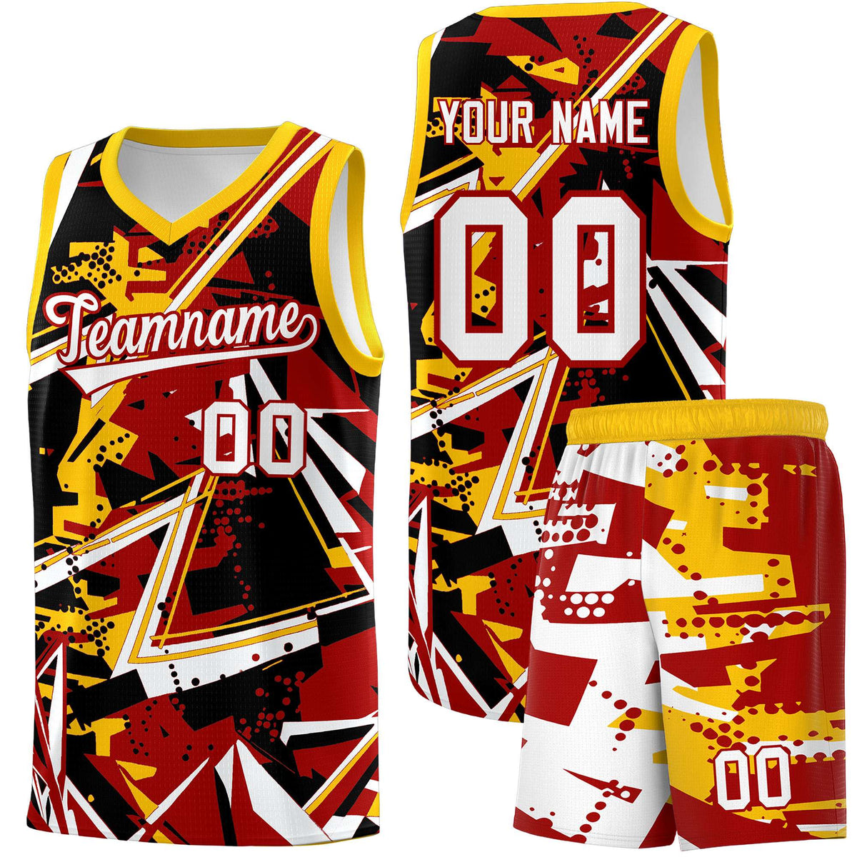 Custom Youth Basketball Jerseys Red Yellow Abstract Graffiti Personalized Street Style Uniform