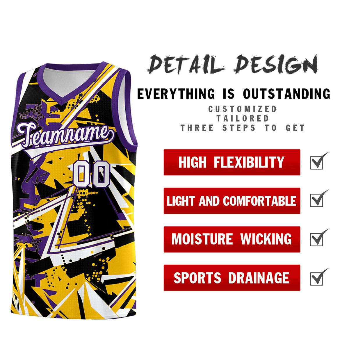 Custom Youth Basketball Jerseys Yellow Purple Abstract Graffiti Personalized Team Name &amp; Number
