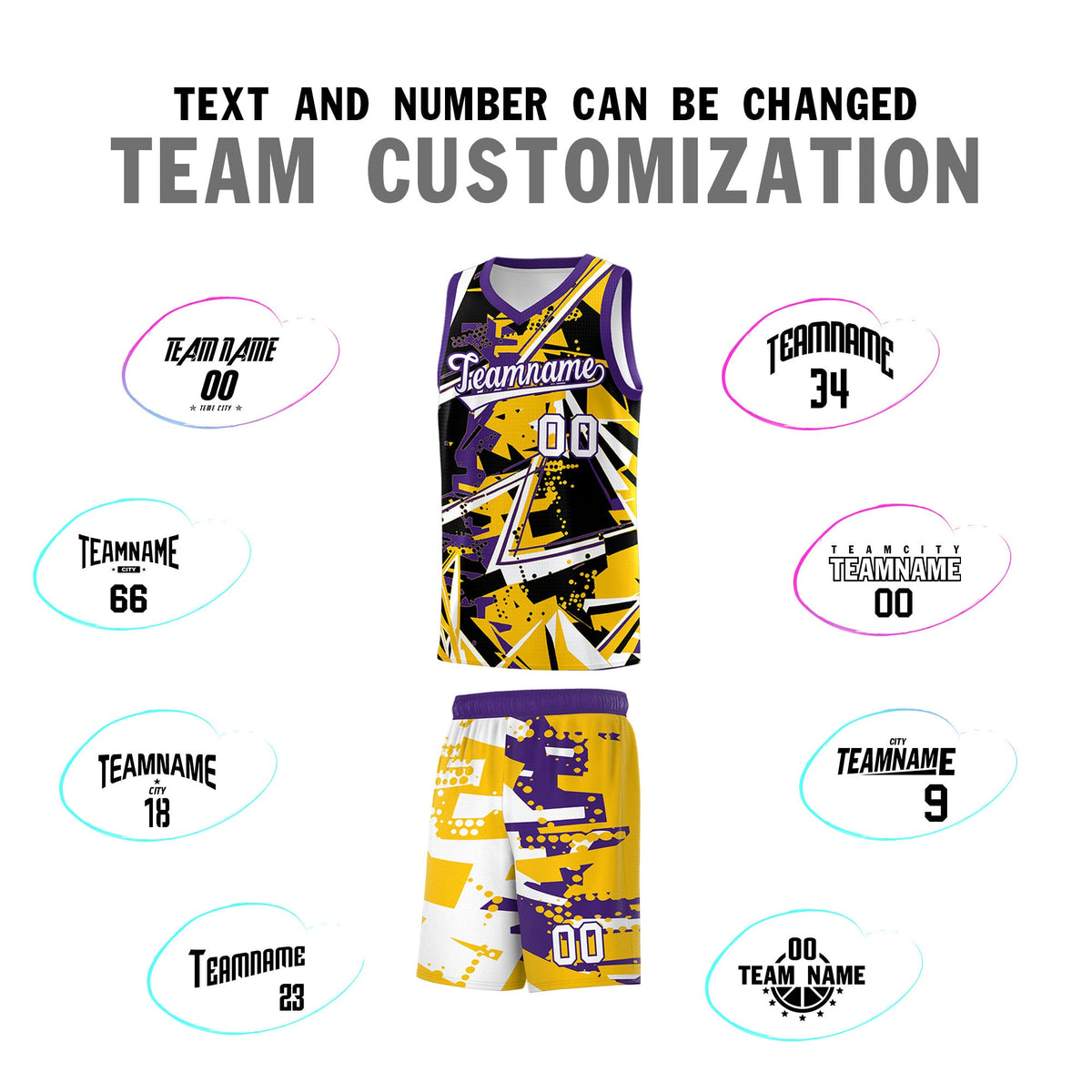 Custom Youth Basketball Jerseys Yellow Purple Abstract Graffiti Personalized Team Name &amp; Number
