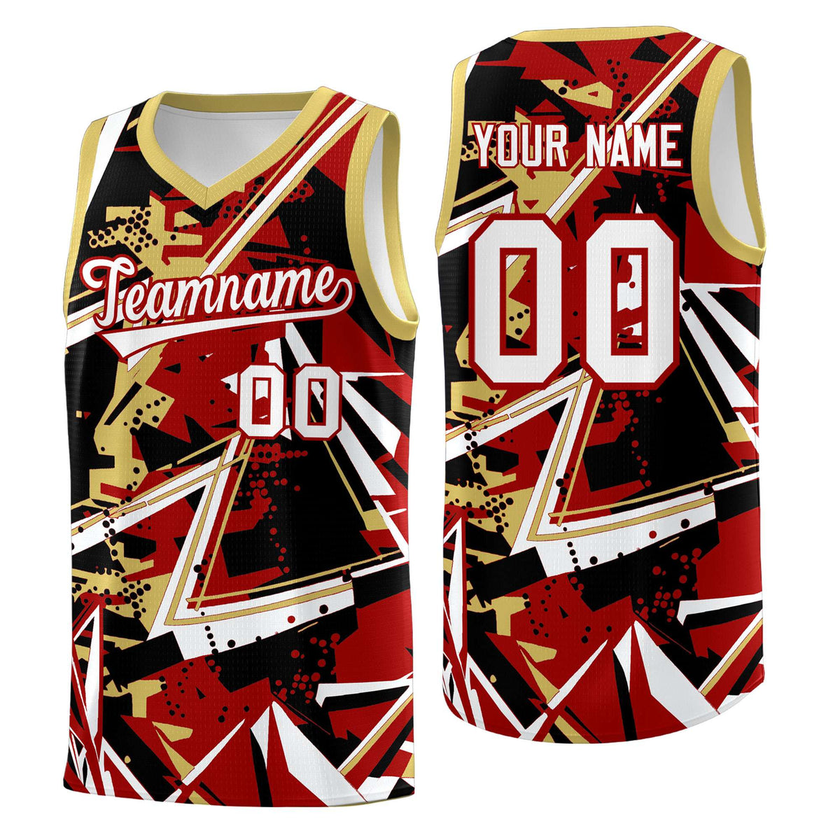 Custom Youth Basketball Jerseys Red Old Gold Abstract Graffiti Personalized Team Name &amp; Number