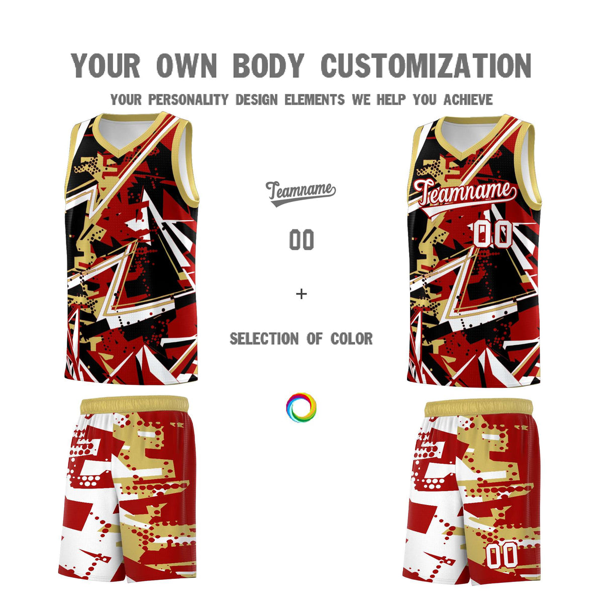 Custom Youth Basketball Jerseys Red Old Gold Abstract Graffiti Personalized Team Name &amp; Number
