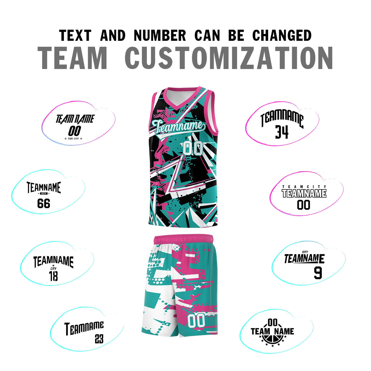 Custom Youth Basketball Jerseys Aqua Rose Red Abstract Graffiti Urban Style Personalized Uniform