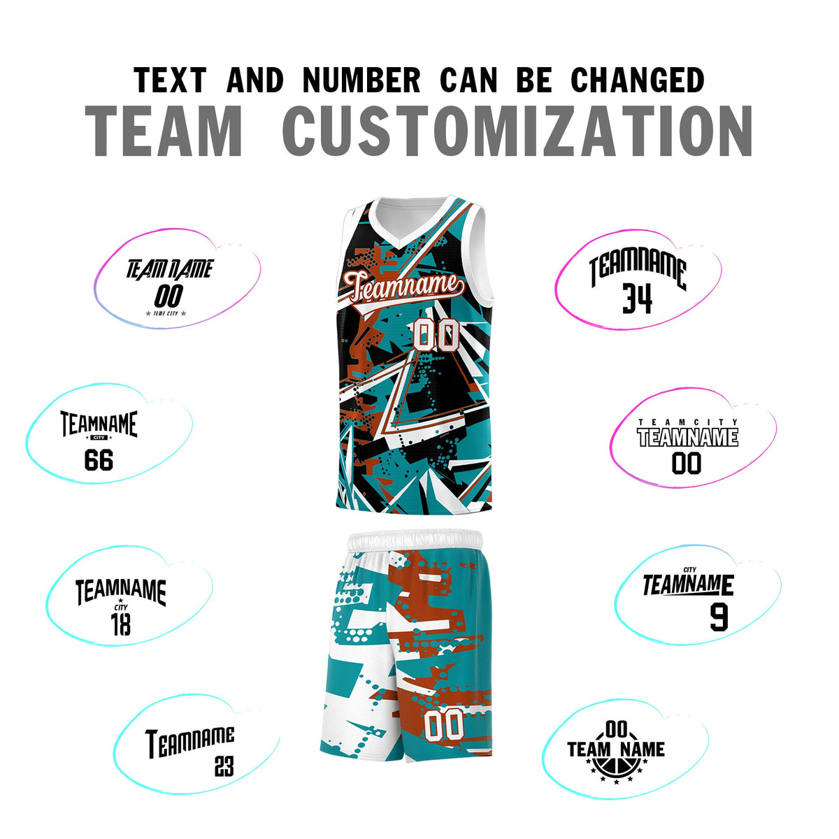 Custom Youth Basketball Jerseys Teal Dark Orange Abstract Graffiti Personalized Street Style Uniform