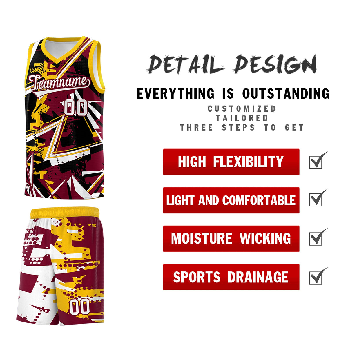 Custom Youth Basketball Jerseys Crimson Yellow Abstract Graffiti Urban Style Personalized Uniform