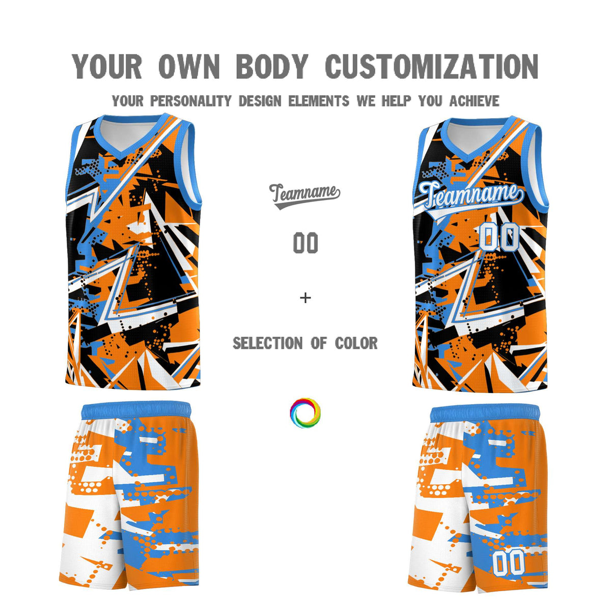 Custom Youth Basketball Jerseys Orange Light Blue Abstract Graffiti Personalized Street Style Uniform