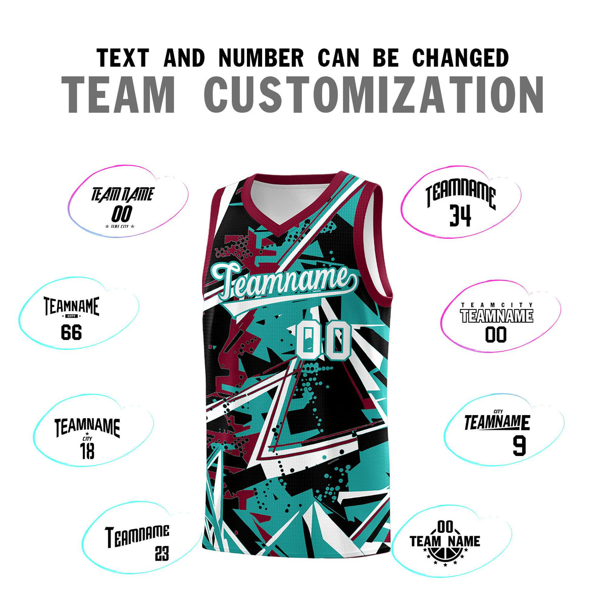 Custom Youth Basketball Jerseys Teal Crimson Abstract Graffiti Personalized Team Name &amp; Number