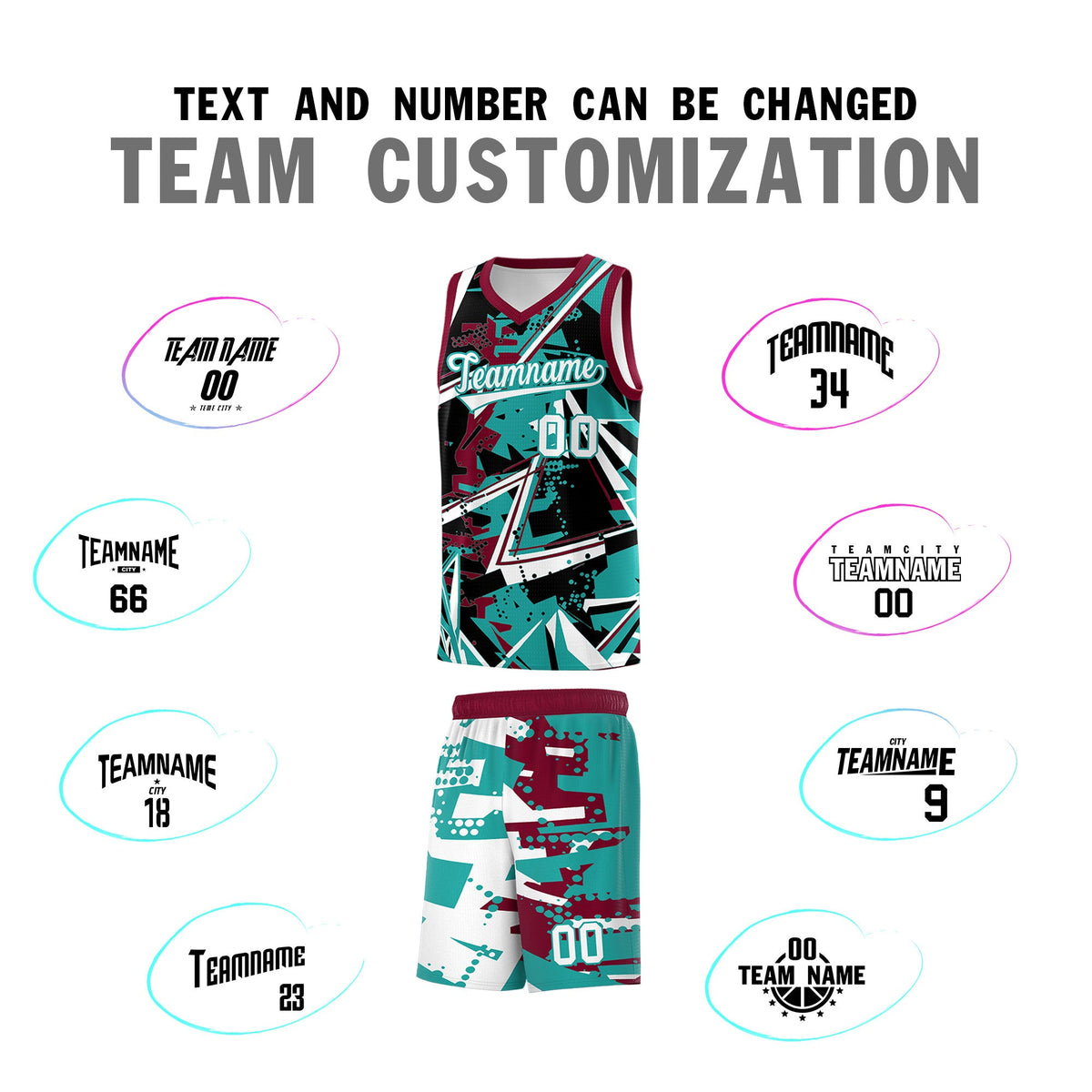 Custom Youth Basketball Jerseys Teal Crimson Abstract Graffiti Personalized Team Name &amp; Number