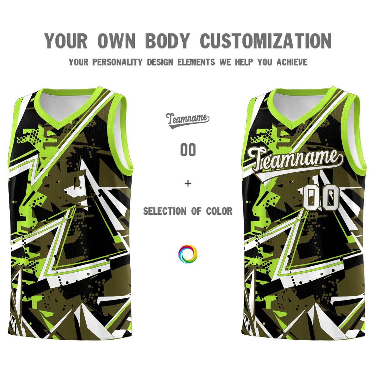 Custom Youth Basketball Jerseys Olive Neon Green Abstract Graffiti Personalized Street Style Uniform