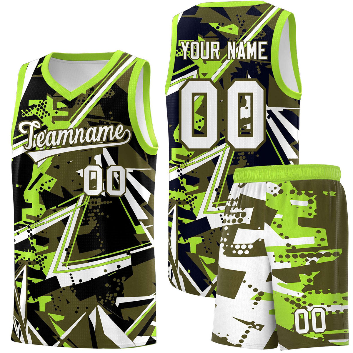 Custom Youth Basketball Jerseys Olive Neon Green Abstract Graffiti Personalized Street Style Uniform