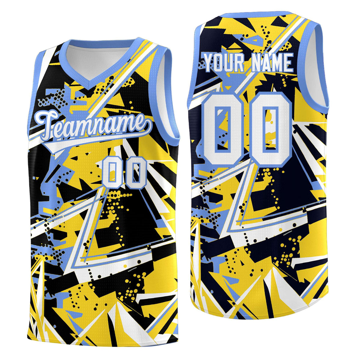 Custom Youth Basketball Jerseys Gold Light Blue Abstract Graffiti Urban Style Personalized Uniform