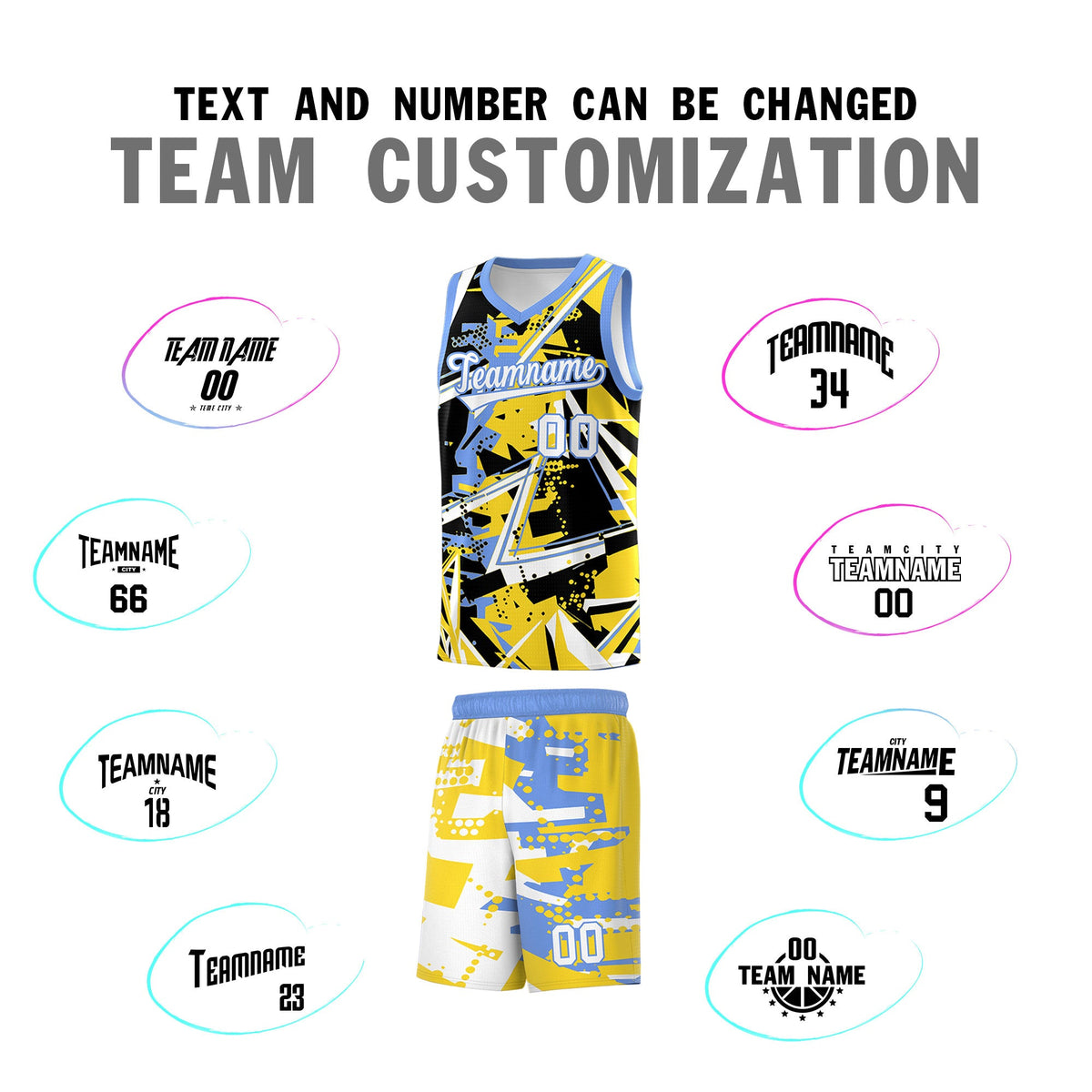 Custom Youth Basketball Jerseys Gold Light Blue Abstract Graffiti Urban Style Personalized Uniform