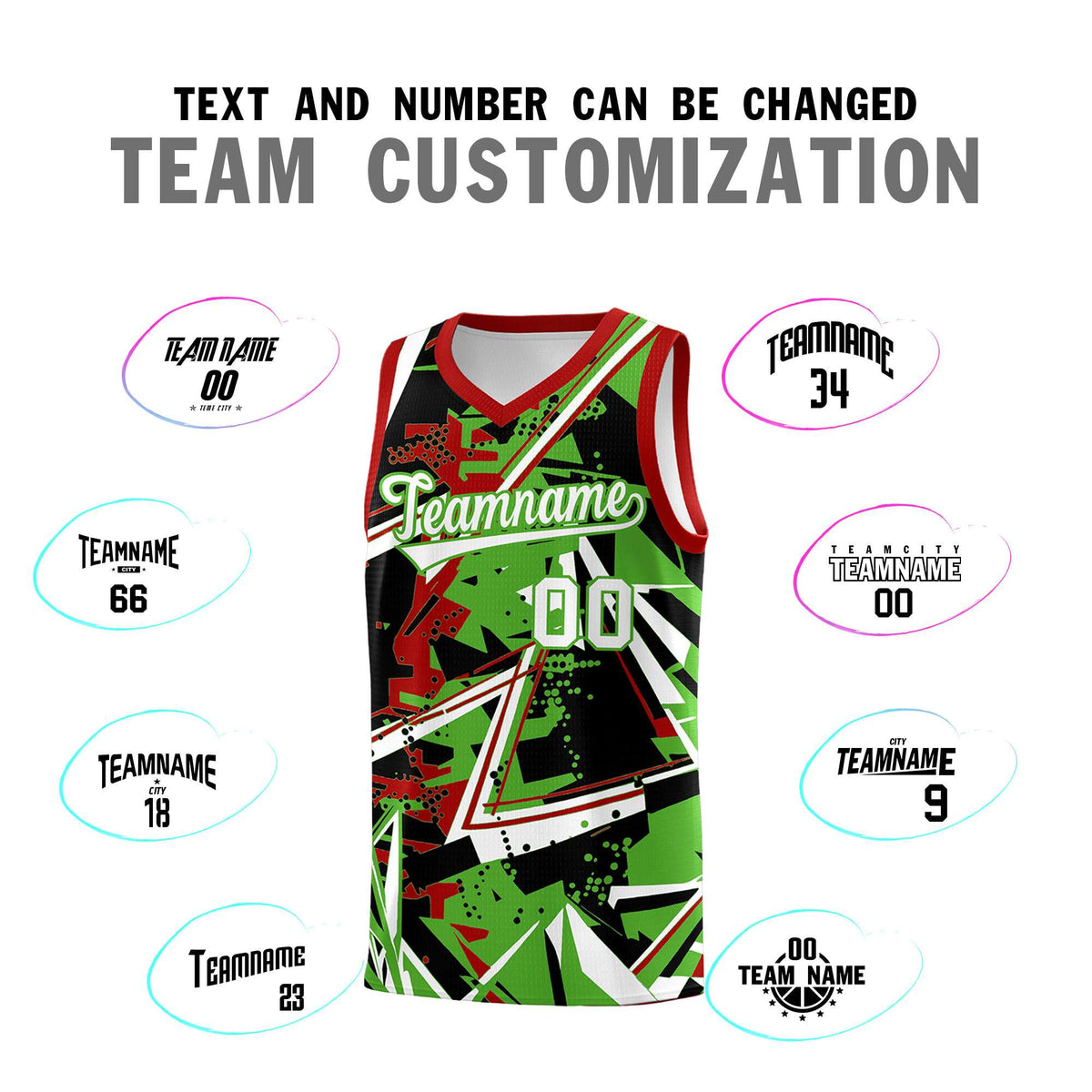 Custom Youth Basketball Jerseys Light Green Red Abstract Graffiti Urban Style Personalized Uniform