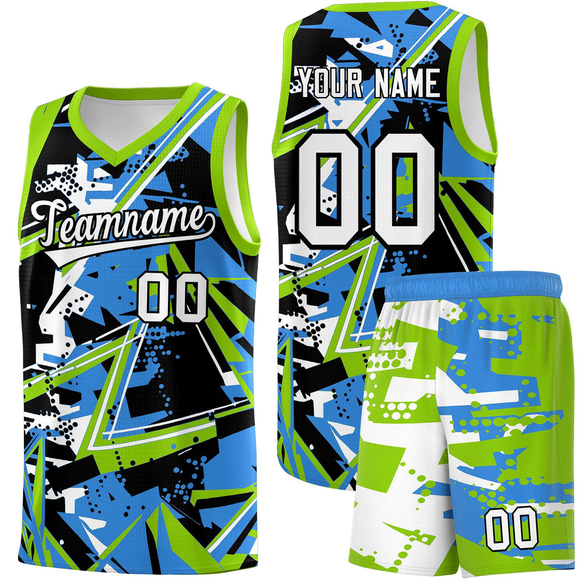 Custom Youth Basketball Jerseys Light Blue Neon Green Abstract Graffiti Personalized Street Style Uniform