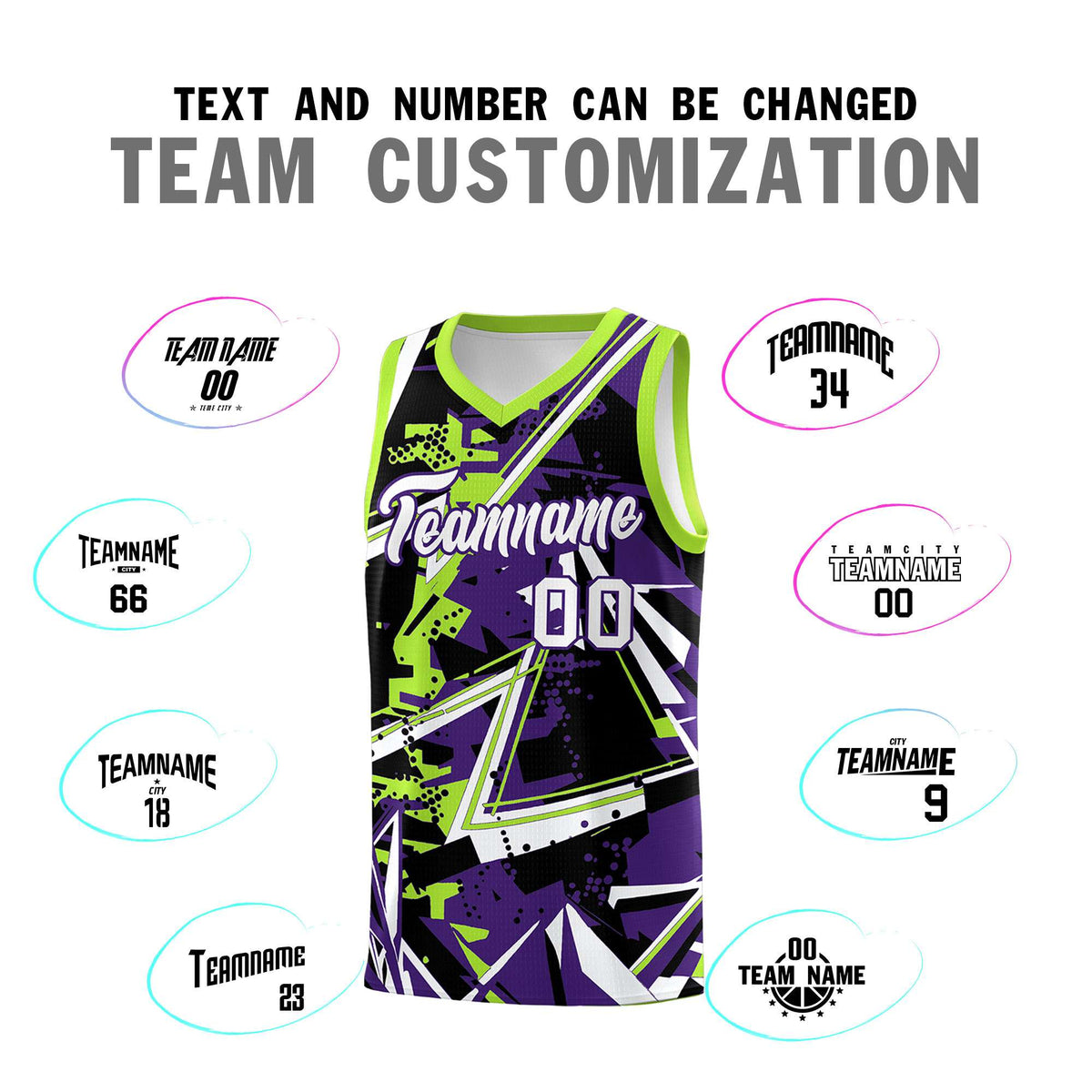 Custom Youth Basketball Jerseys Purple Neon Green Abstract Graffiti Personalized Team Name &amp; Number