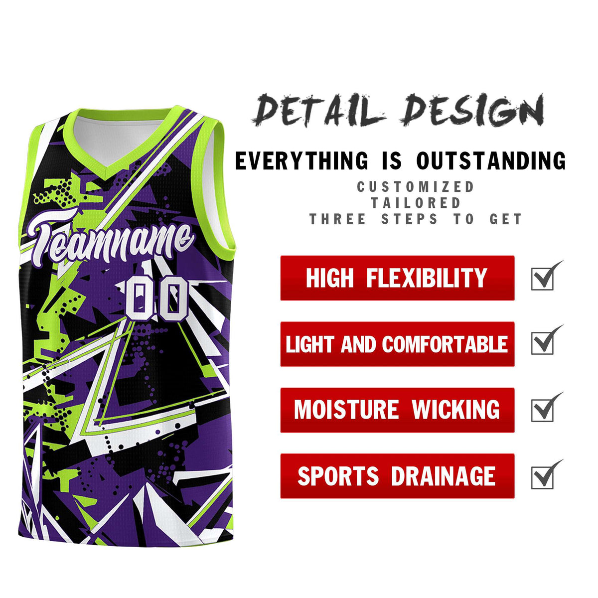 Custom Youth Basketball Jerseys Purple Neon Green Abstract Graffiti Personalized Team Name &amp; Number