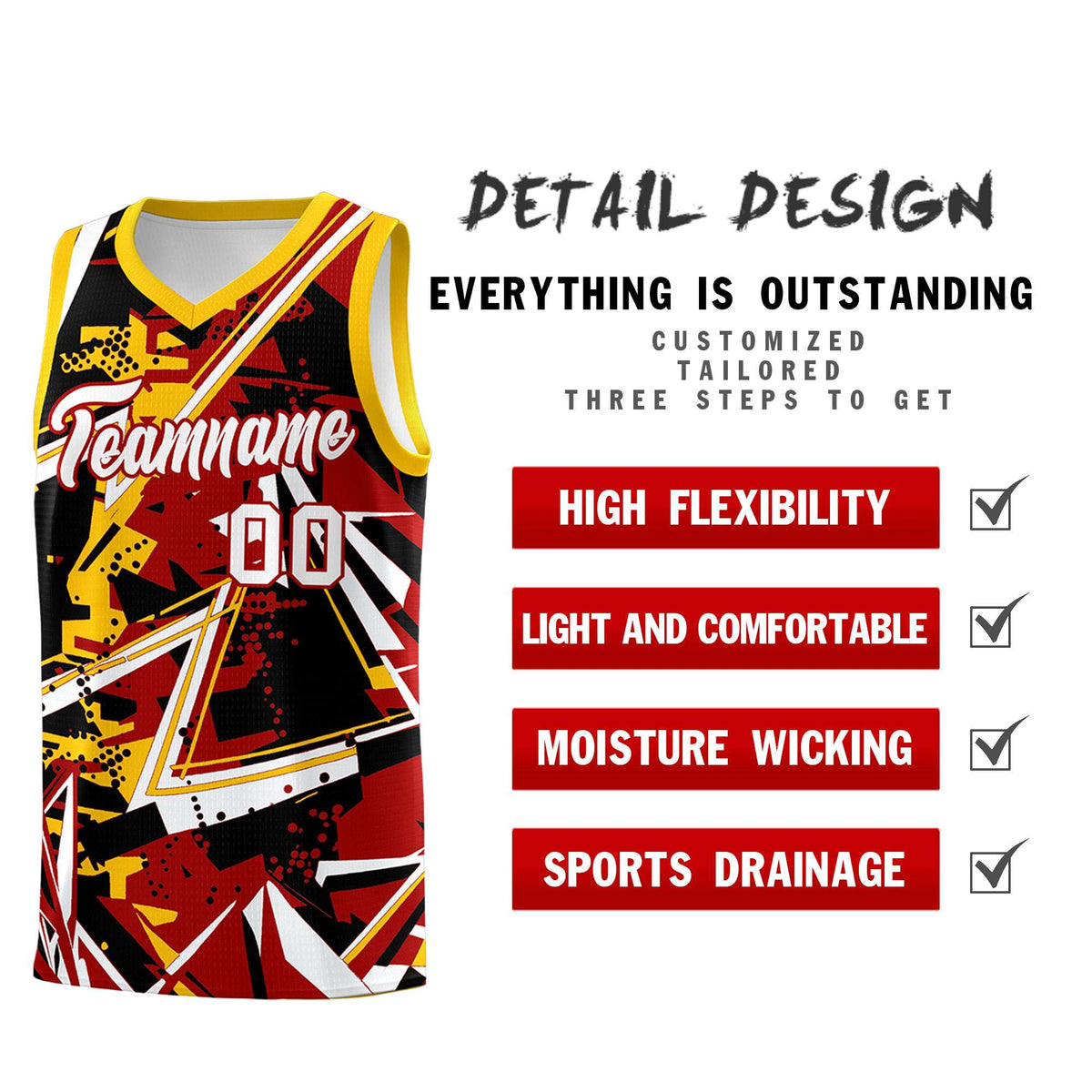 Custom Youth Basketball Jerseys Red Yellow Abstract Graffiti Personalized Street Style Uniform