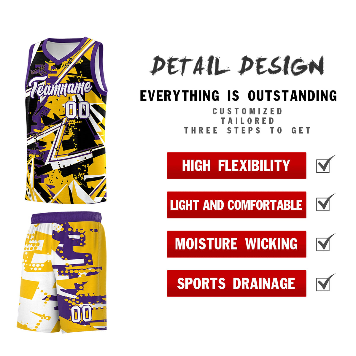 Custom Youth Basketball Jerseys Yellow Purple Abstract Graffiti Personalized Team Name &amp; Number