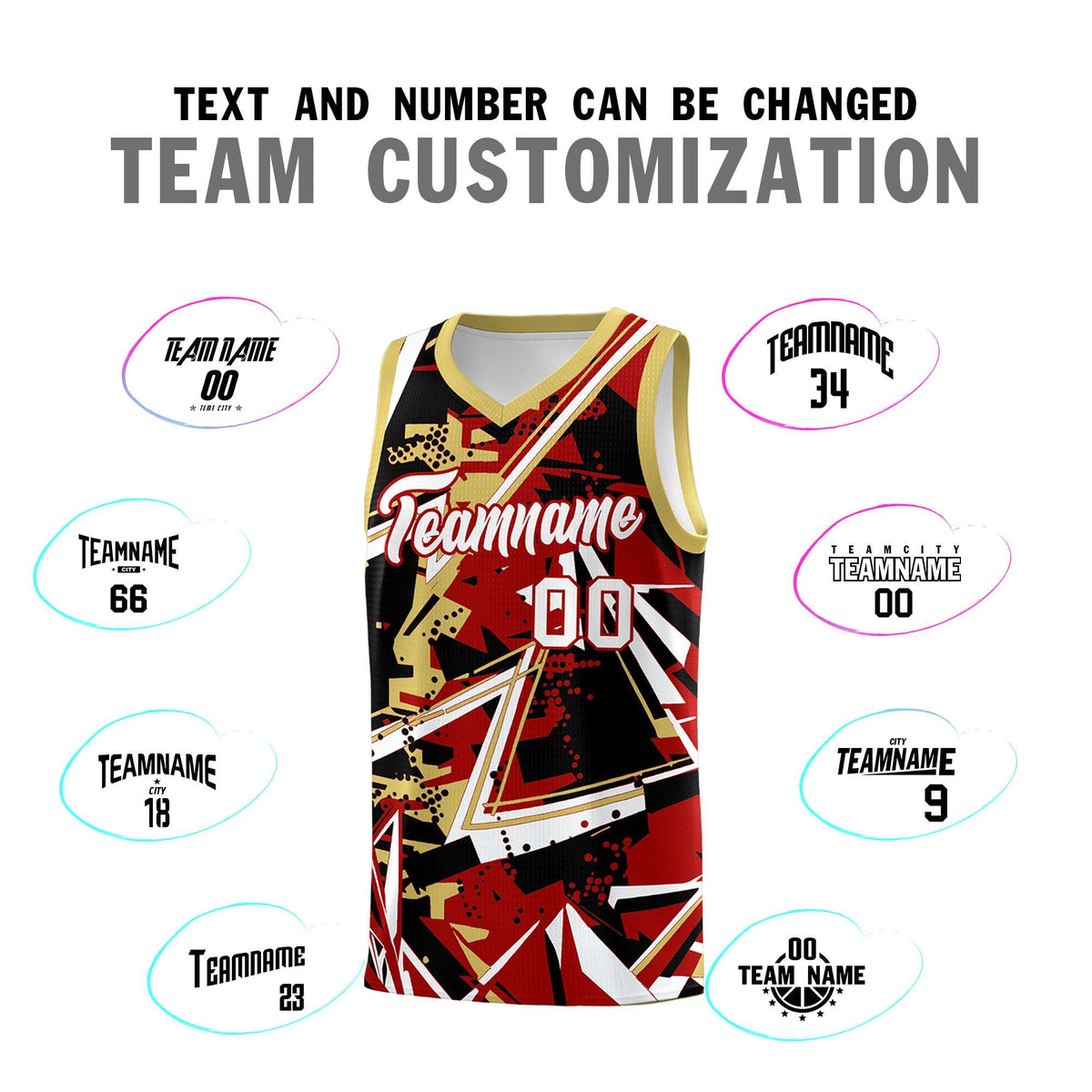 Custom Youth Basketball Jerseys Red Old Gold Abstract Graffiti Personalized Team Name &amp; Number