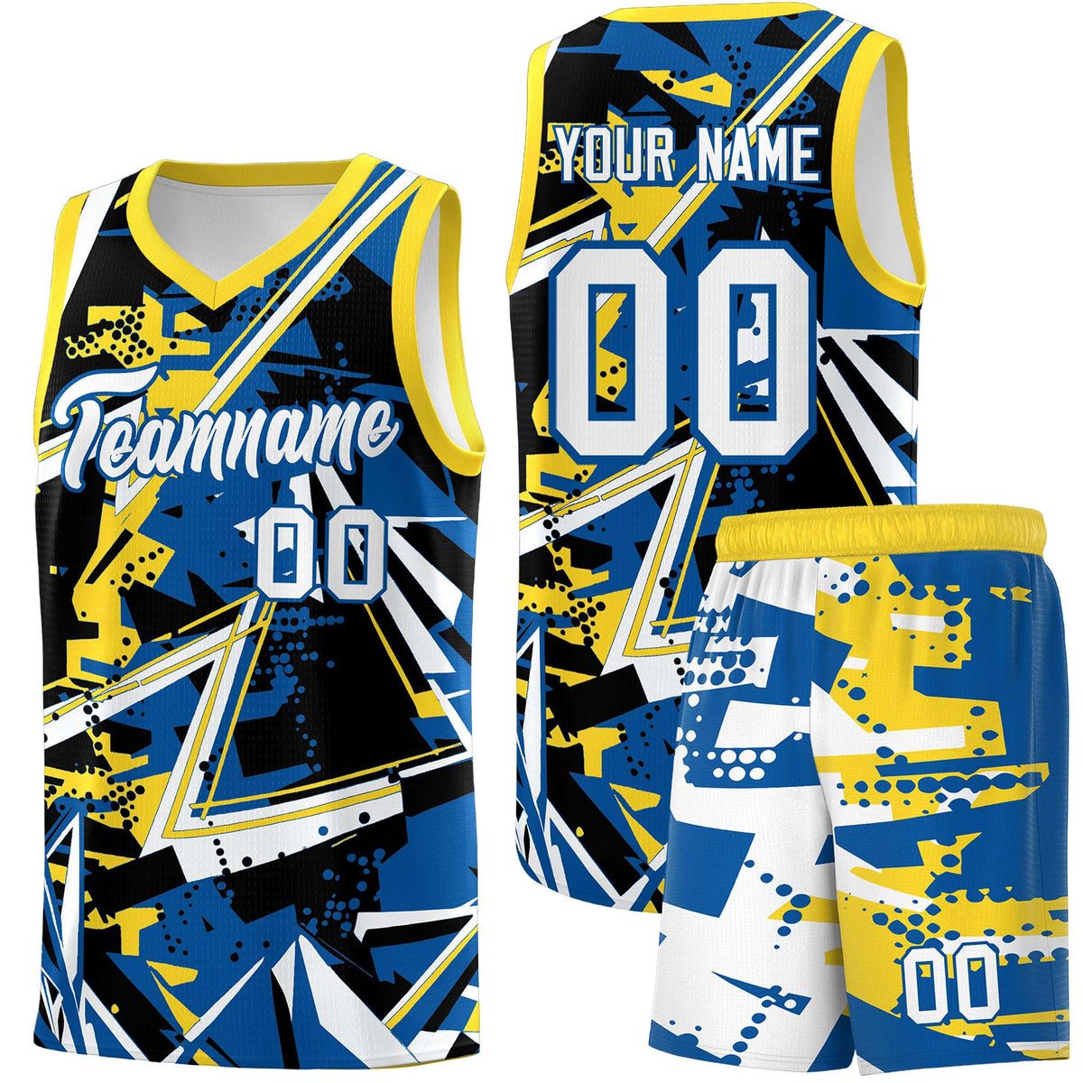 Custom Youth Basketball Jerseys Royal Gold Abstract Graffiti Personalized Team Name &amp; Number
