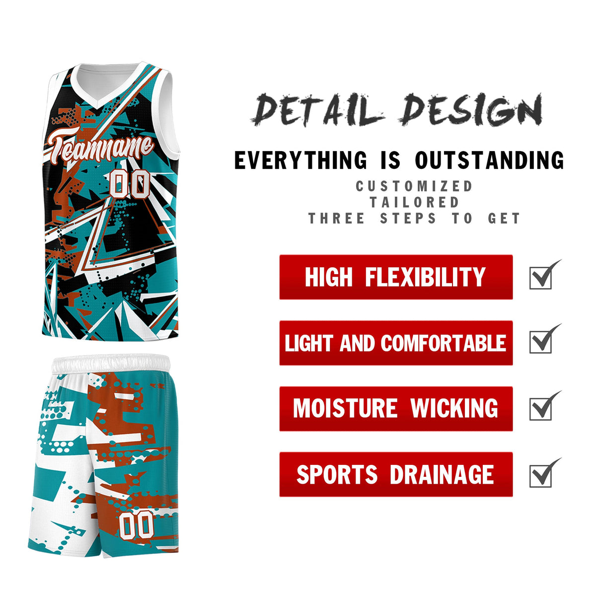 Custom Youth Basketball Jerseys Teal Dark Orange Abstract Graffiti Personalized Street Style Uniform