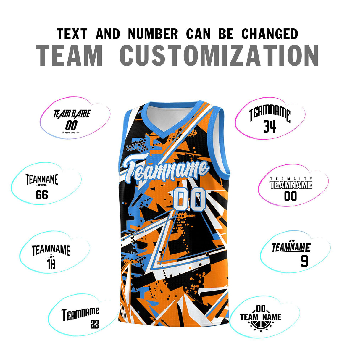 Custom Youth Basketball Jerseys Orange Light Blue Abstract Graffiti Personalized Street Style Uniform
