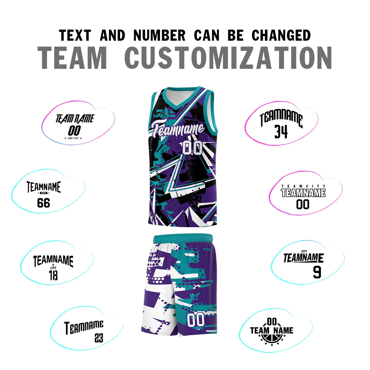 Custom Youth Basketball Jerseys Purple Teal Abstract Graffiti Urban Style Personalized Uniform
