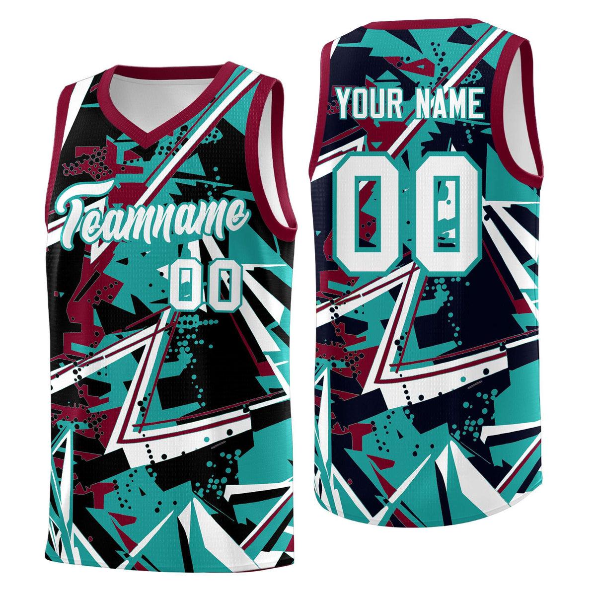 Custom Youth Basketball Jerseys Teal Crimson Abstract Graffiti Personalized Team Name &amp; Number