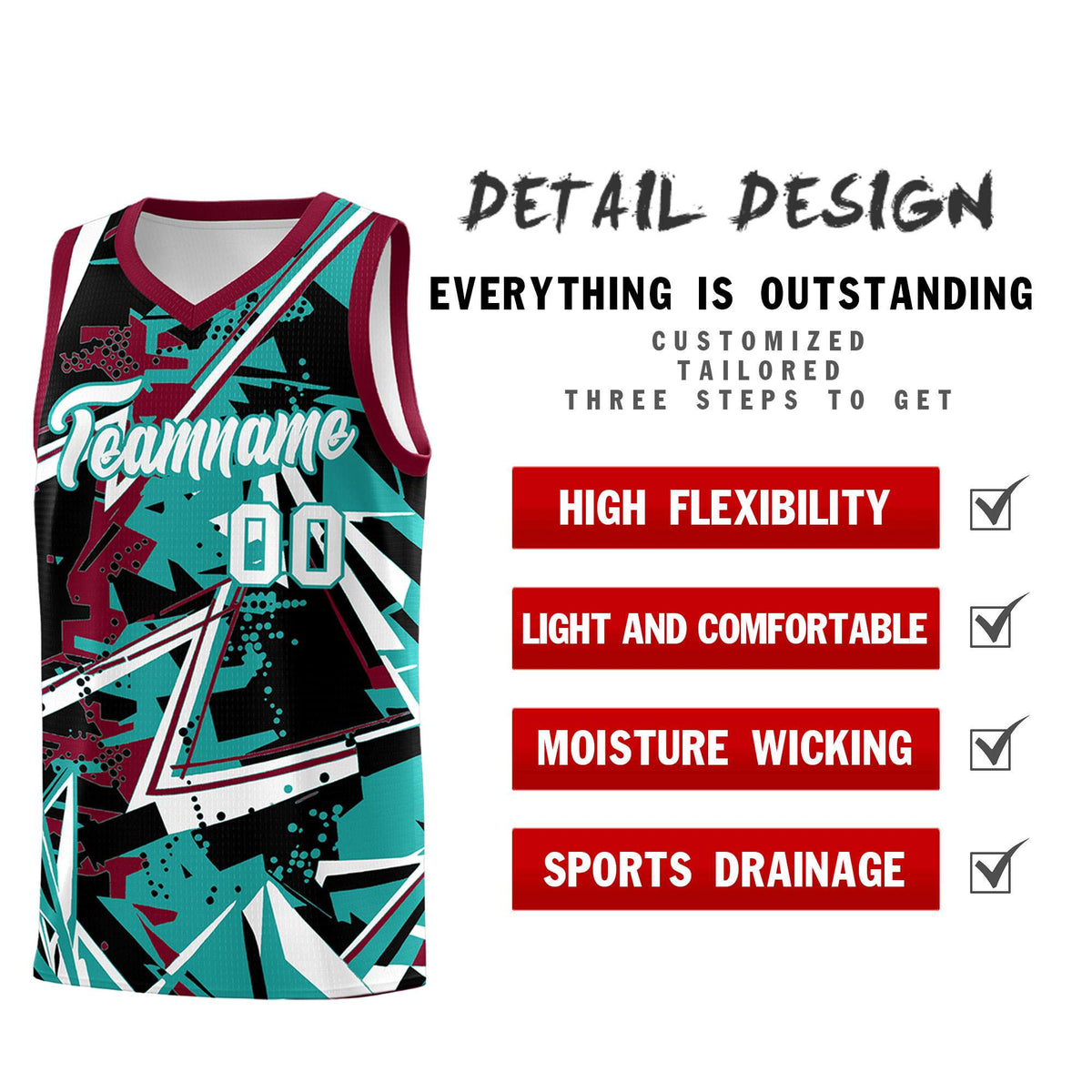 Custom Youth Basketball Jerseys Teal Crimson Abstract Graffiti Personalized Team Name &amp; Number