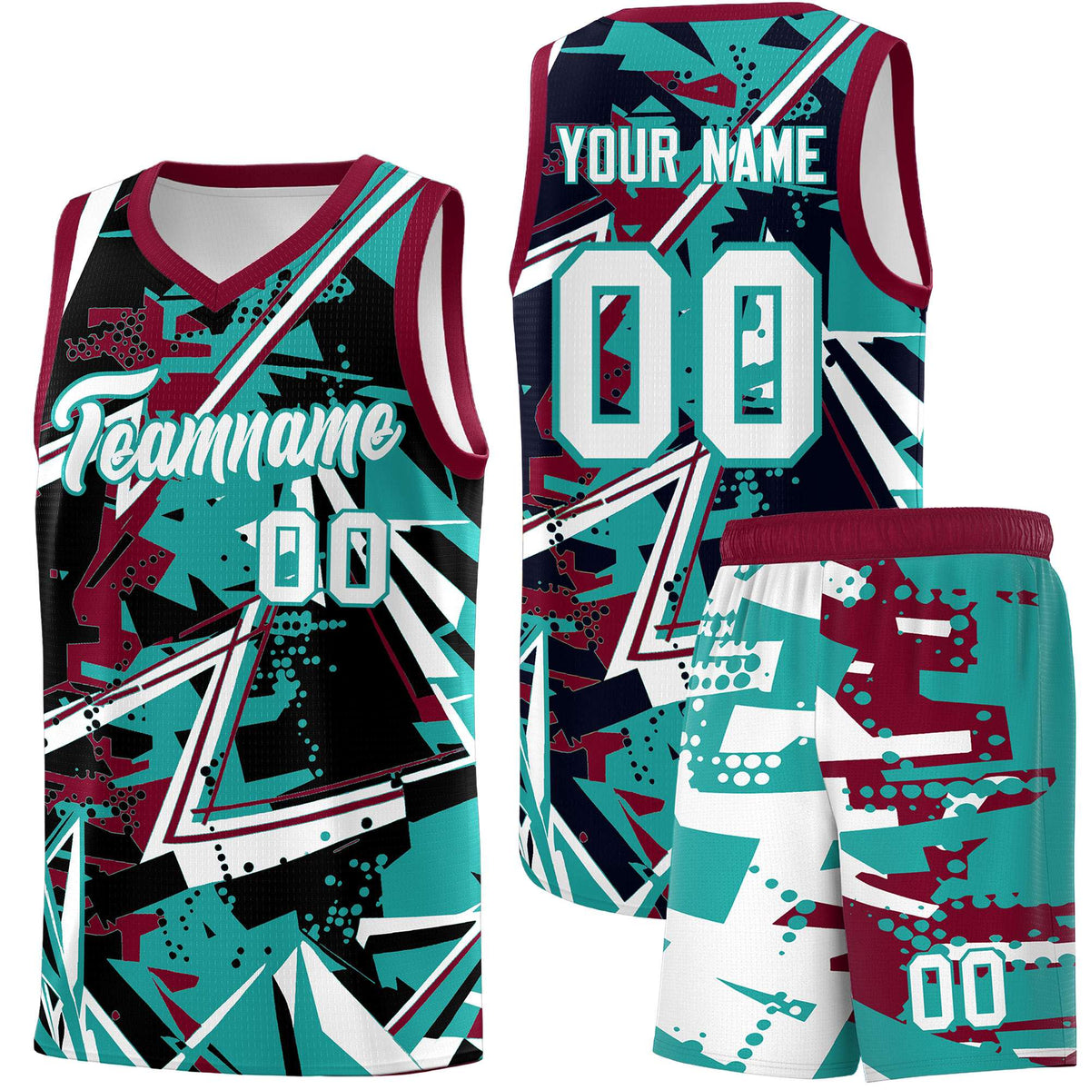 Custom Youth Basketball Jerseys Teal Crimson Abstract Graffiti Personalized Team Name &amp; Number