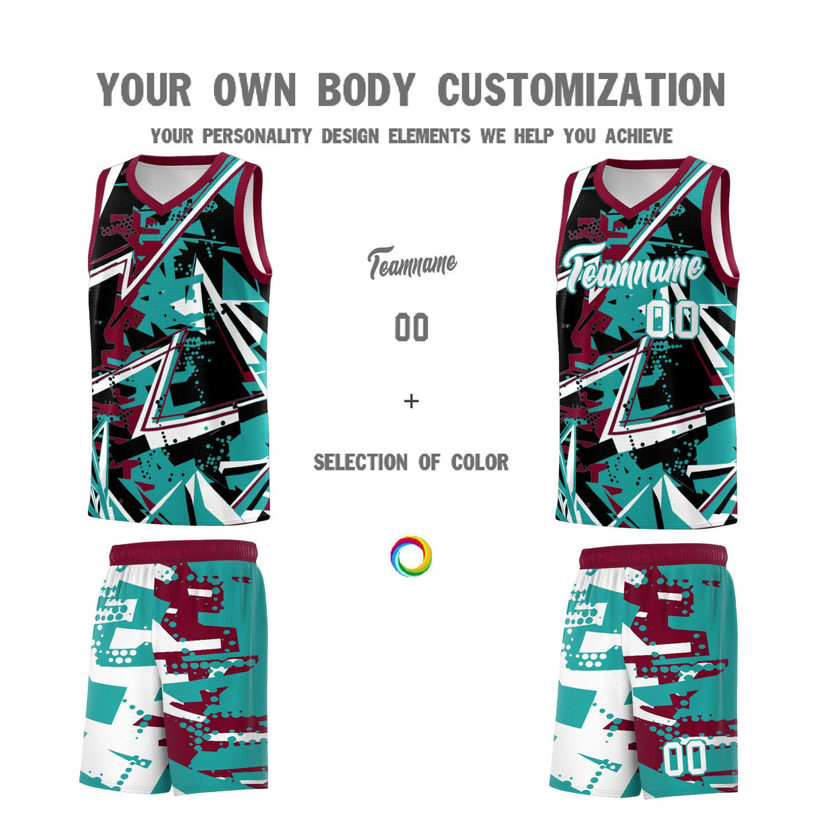 Custom Youth Basketball Jerseys Teal Crimson Abstract Graffiti Personalized Team Name &amp; Number