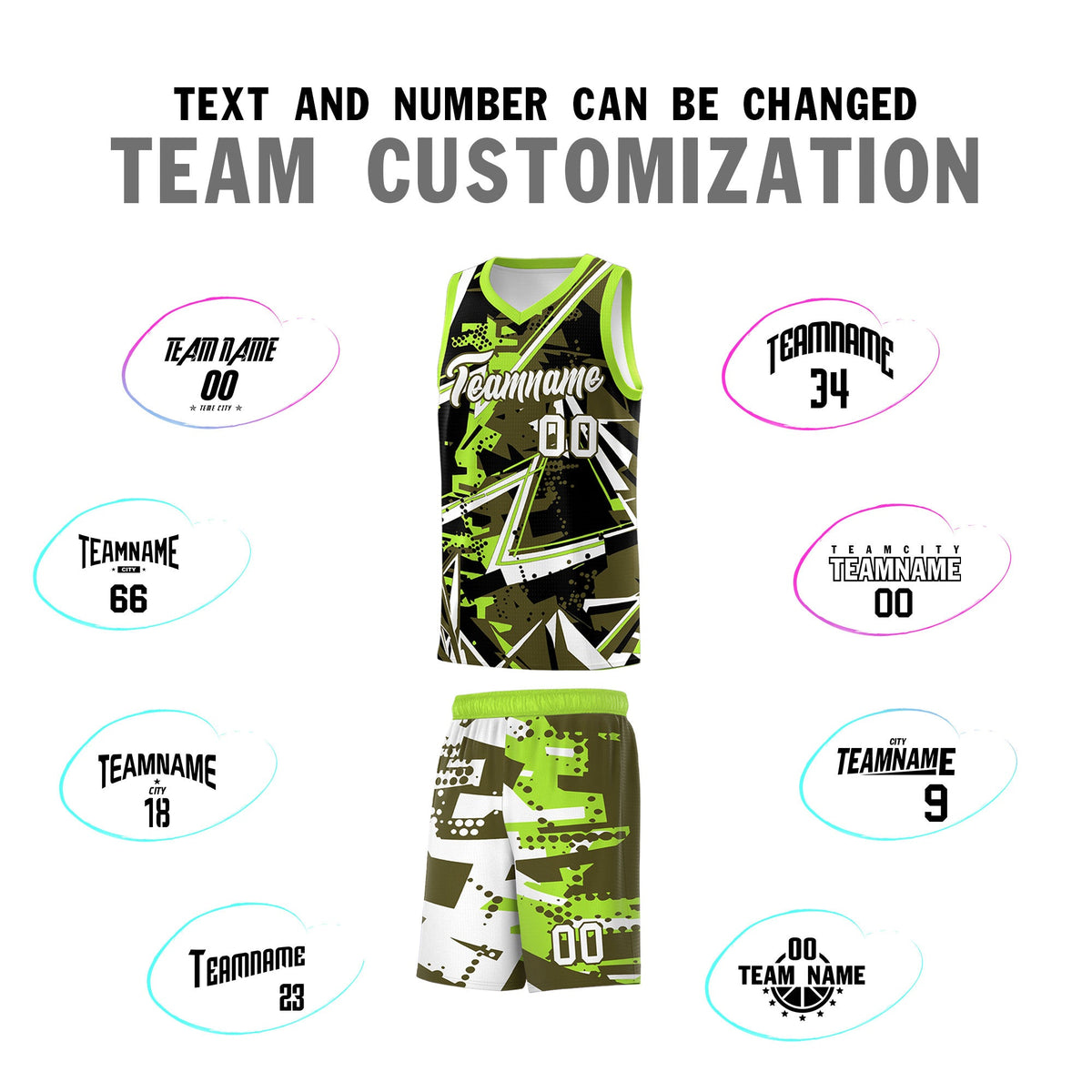 Custom Youth Basketball Jerseys Olive Neon Green Abstract Graffiti Personalized Street Style Uniform