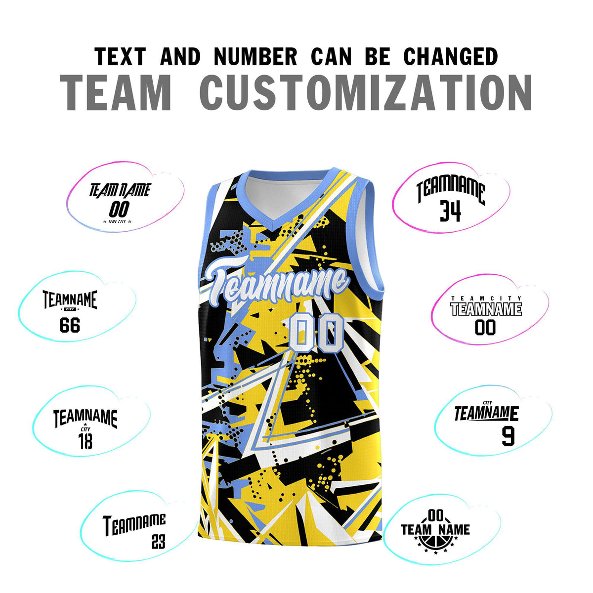 Custom Youth Basketball Jerseys Gold Light Blue Abstract Graffiti Urban Style Personalized Uniform