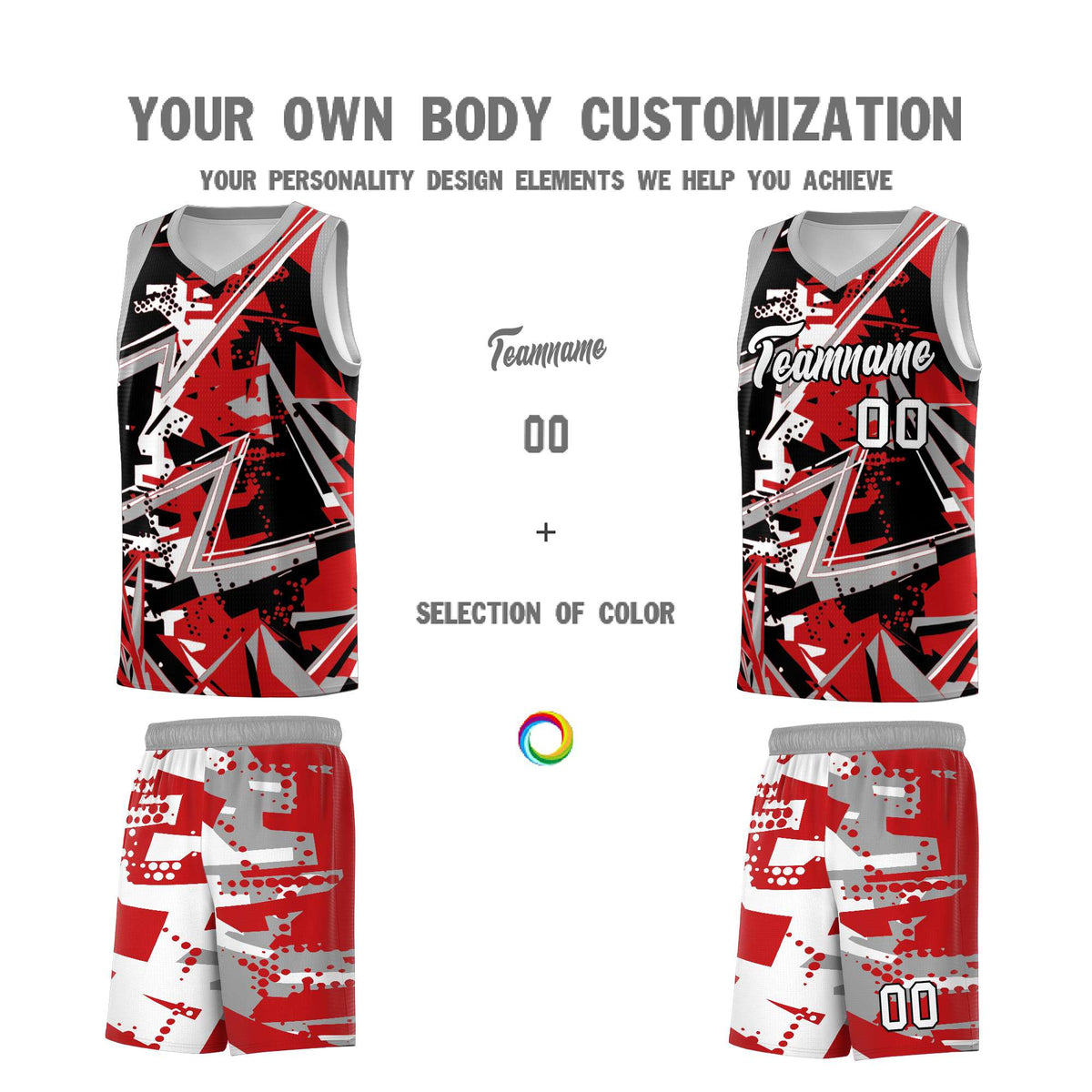 Custom Youth Basketball Jerseys Red Gray Abstract Graffiti Personalized Team Name &amp; Number