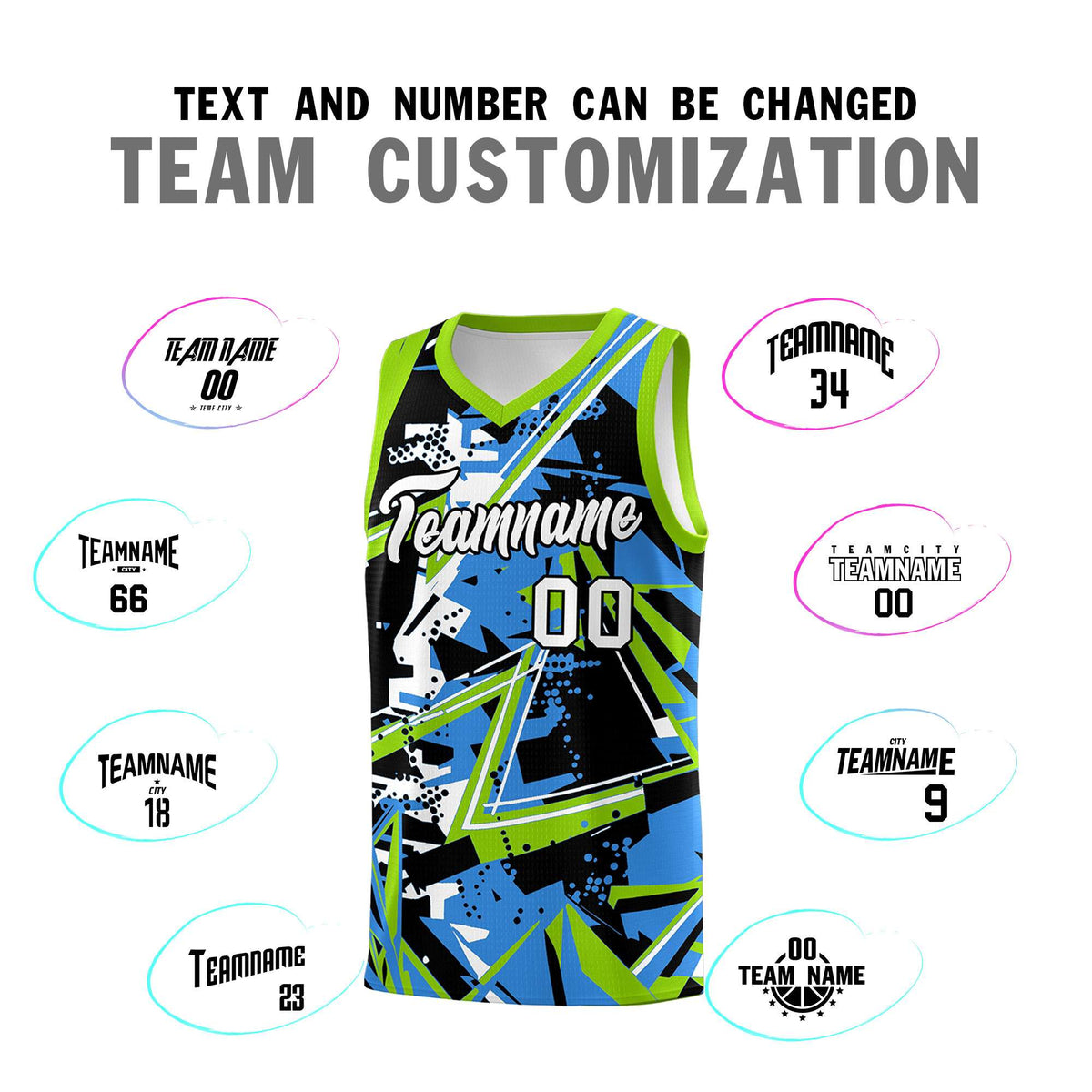 Custom Youth Basketball Jerseys Light Blue Neon Green Abstract Graffiti Personalized Street Style Uniform